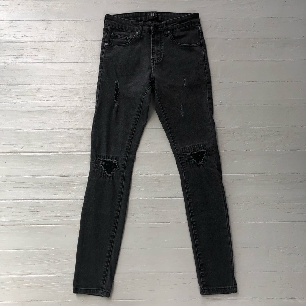 THRT Men’s Jeans Black Size 28 Distressed Patch Streetwear Faded Skinny